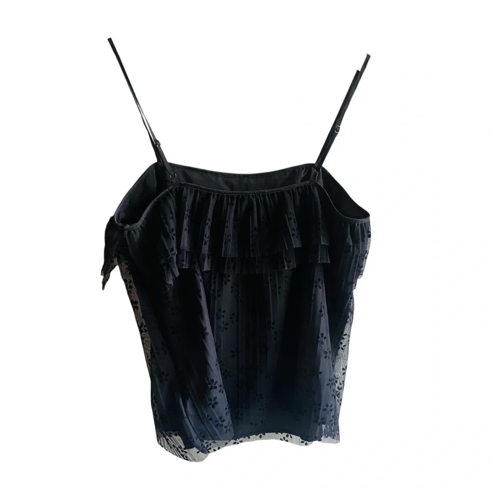 J.Crew Fluttery Lace Cami Sz XS $88 Black Tulle Mesh Top Ruffled Tank Whimsigoth
